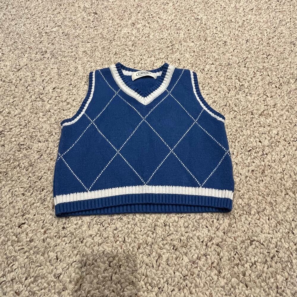Cider Knit Cropped Sweater Vest S Royal Blue Argyle Academia Preppy Casual
